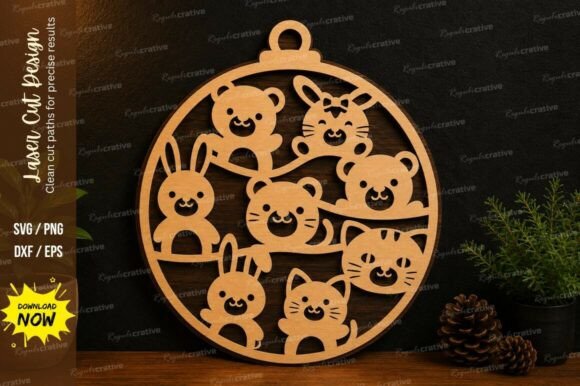 Cute Animal Faces Ornament Laser Cut SVG