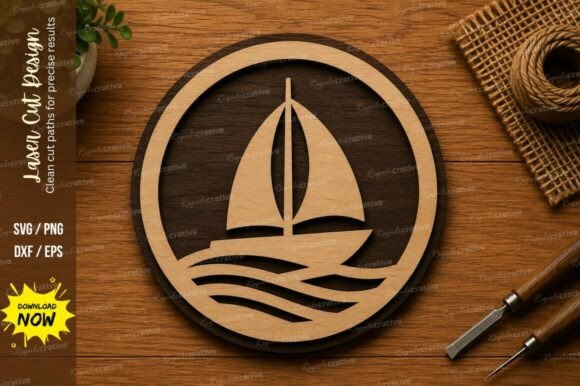 Sailboat Circle SVG: Nautical Ocean Design Elements